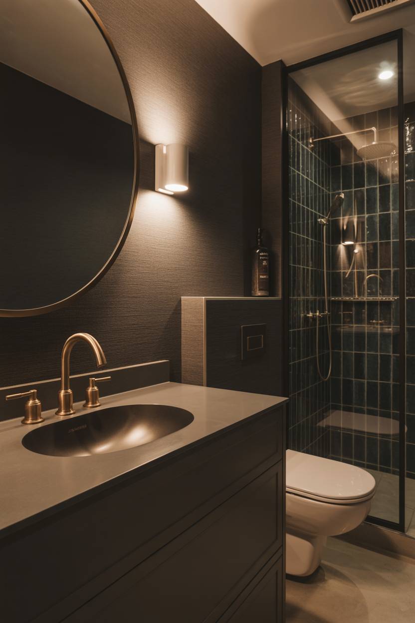 17 Dark Bathroom Ideas to Create a Cozy, Stylish Space 1 Modern dark bathroom with brushed gold fixtures, charcoal wallpaper, and soft recessed lighting creating a luxurious atmosphere