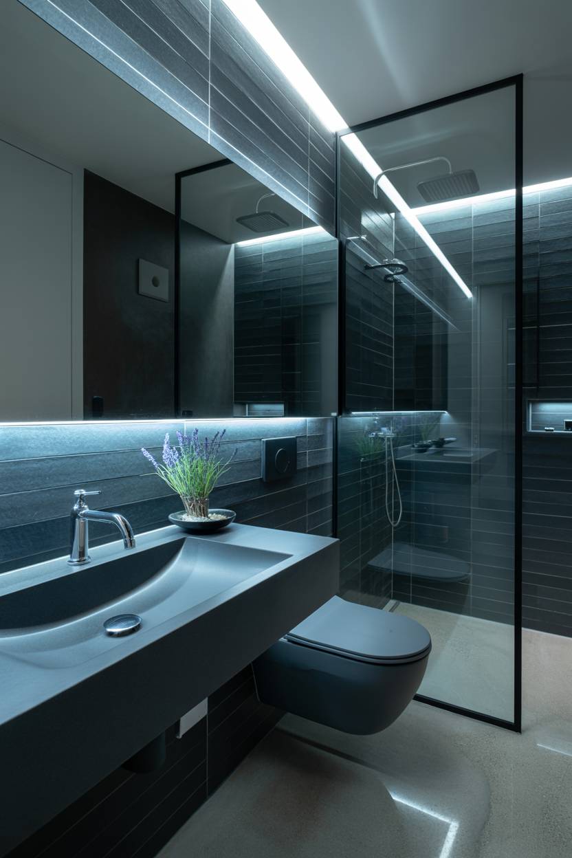 17 Dark Bathroom Ideas to Create a Cozy, Stylish Space 2 Sleek dark bathroom featuring matte black floating sink against charcoal grey tiles with lavender sprig accent