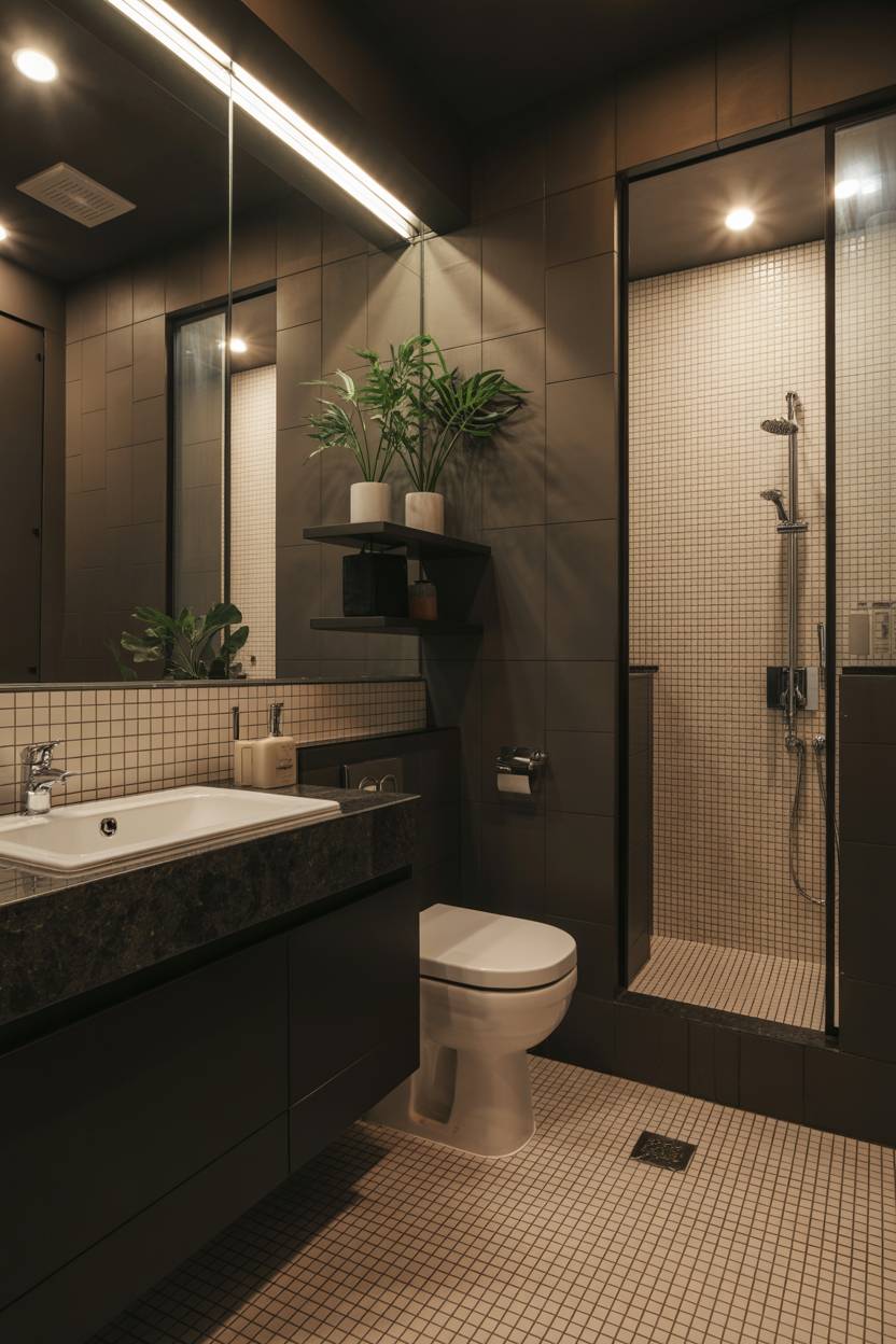 17 Dark Bathroom Ideas to Create a Cozy, Stylish Space 3 Modern bathroom with dark gray tile walls, beige mosaic flooring, black vanity, and green plants creating visual interest