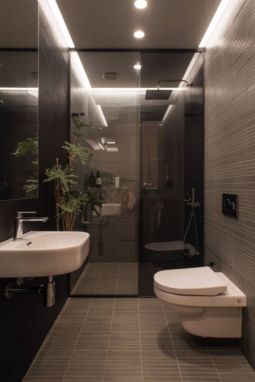 17 Dark Bathroom Ideas to Create a Cozy, Stylish Space 4 Sleek bathroom with dark gray floor-to-ceiling tiles, floating white sink, and glass-enclosed rain shower