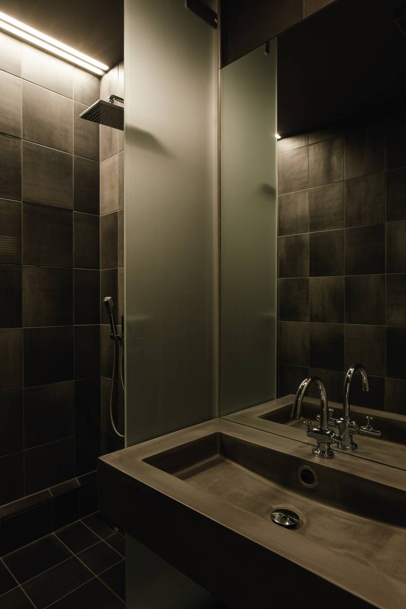 17 Dark Bathroom Ideas to Create a Cozy, Stylish Space 5 Modern dark bathroom with floating concrete sink, matte black ceramic tiles, and frosted glass shower partition