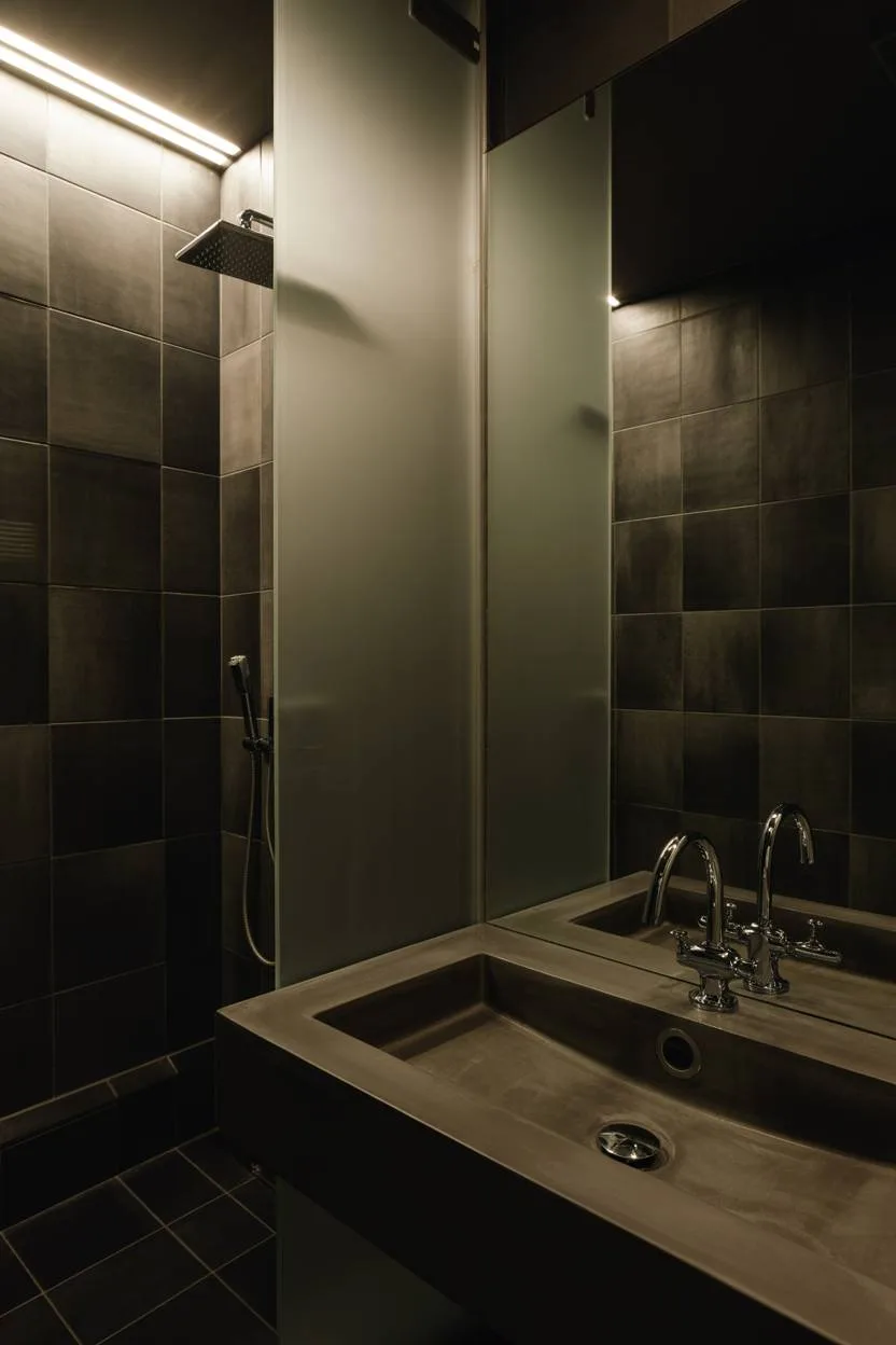 17 Dark Bathroom Ideas to Create a Cozy, Stylish Space 5 Modern dark bathroom with floating concrete sink, matte black ceramic tiles, and frosted glass shower partition