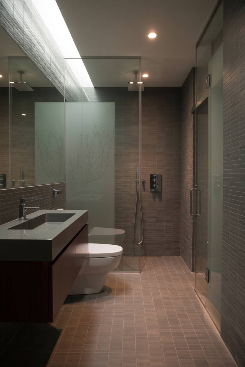 17 Dark Bathroom Ideas to Create a Cozy, Stylish Space 6 Minimalist bathroom with dark gray tile, floating wood vanity, and glass-enclosed shower with water droplets