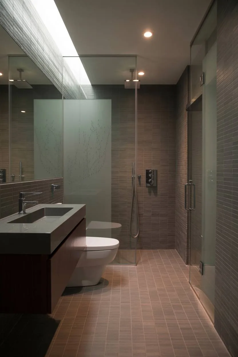 17 Dark Bathroom Ideas to Create a Cozy, Stylish Space 6 Minimalist bathroom with dark gray tile, floating wood vanity, and glass-enclosed shower with water droplets
