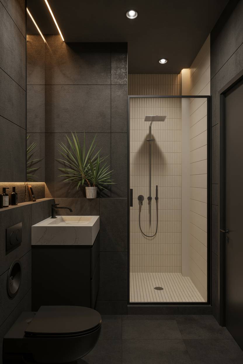 17 Dark Bathroom Ideas to Create a Cozy, Stylish Space 7 Minimalist bathroom with dark gray concrete-look tiles, white shower enclosure, black fixtures, and green agave plant