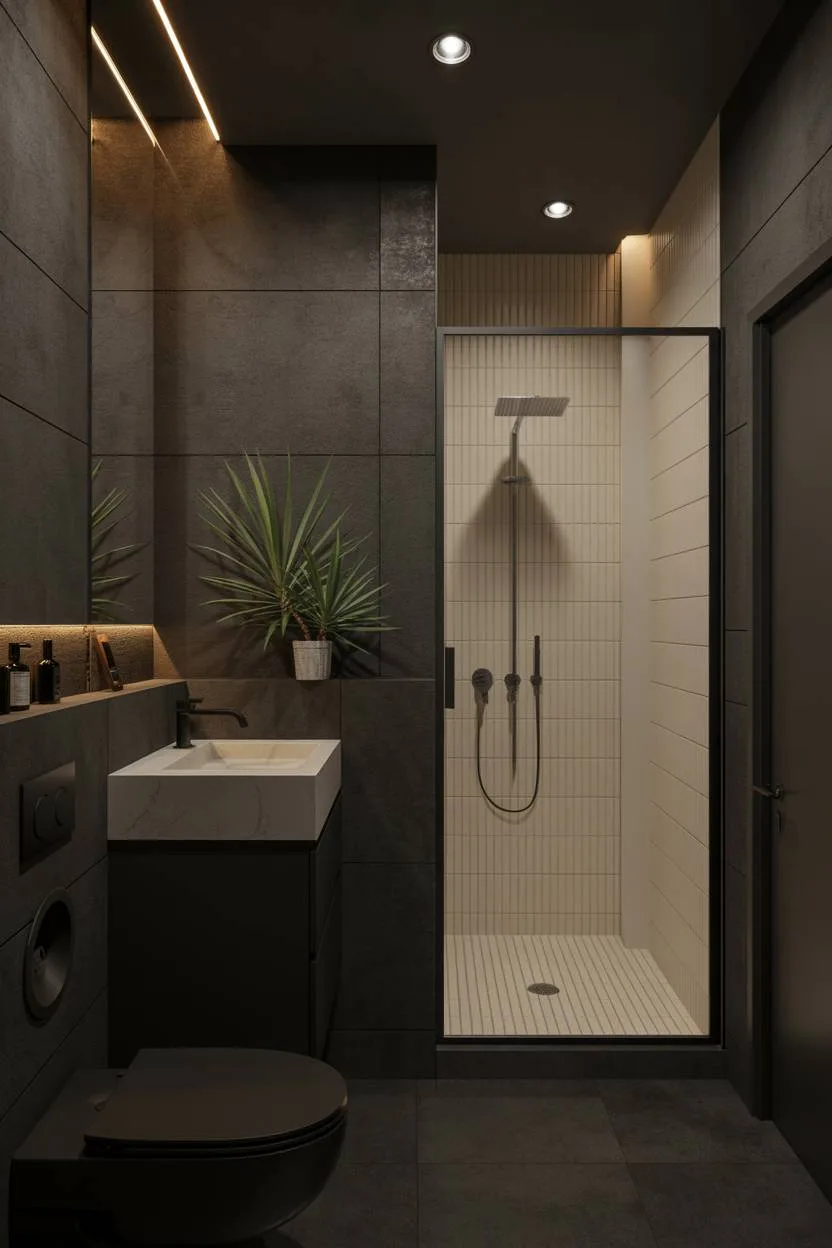 17 Dark Bathroom Ideas to Create a Cozy, Stylish Space 7 Minimalist bathroom with dark gray concrete-look tiles, white shower enclosure, black fixtures, and green agave plant