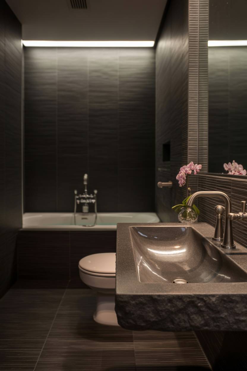 17 Dark Bathroom Ideas to Create a Cozy, Stylish Space 8 Minimalist dark bathroom with floating granite sink, single orchid, and deep soaking bathtub with chrome fixtures