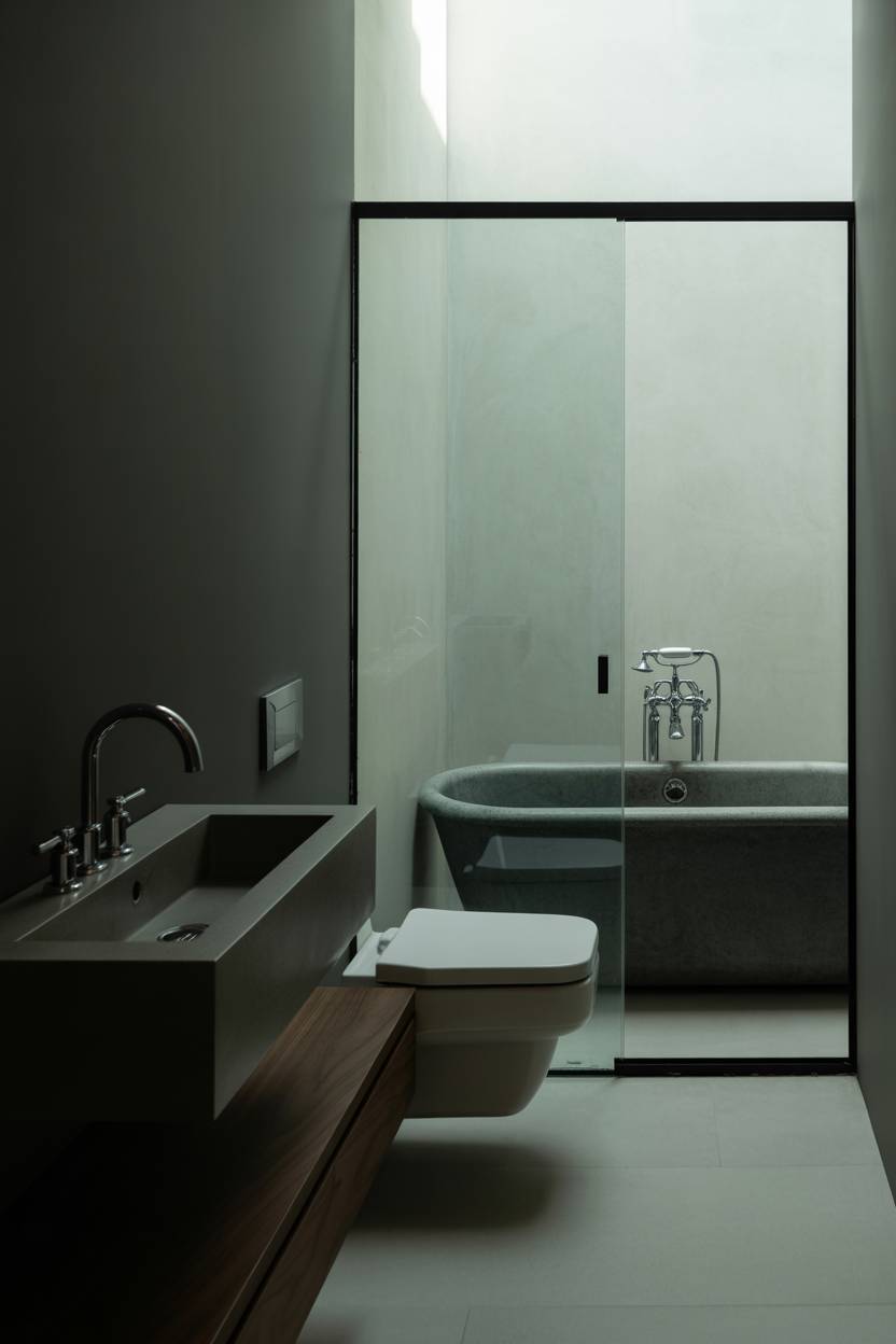 17 Dark Bathroom Ideas to Create a Cozy, Stylish Space 9 Sleek bathroom with dark gray concrete sink on black walnut vanity, freestanding bathtub, and frameless glass shower