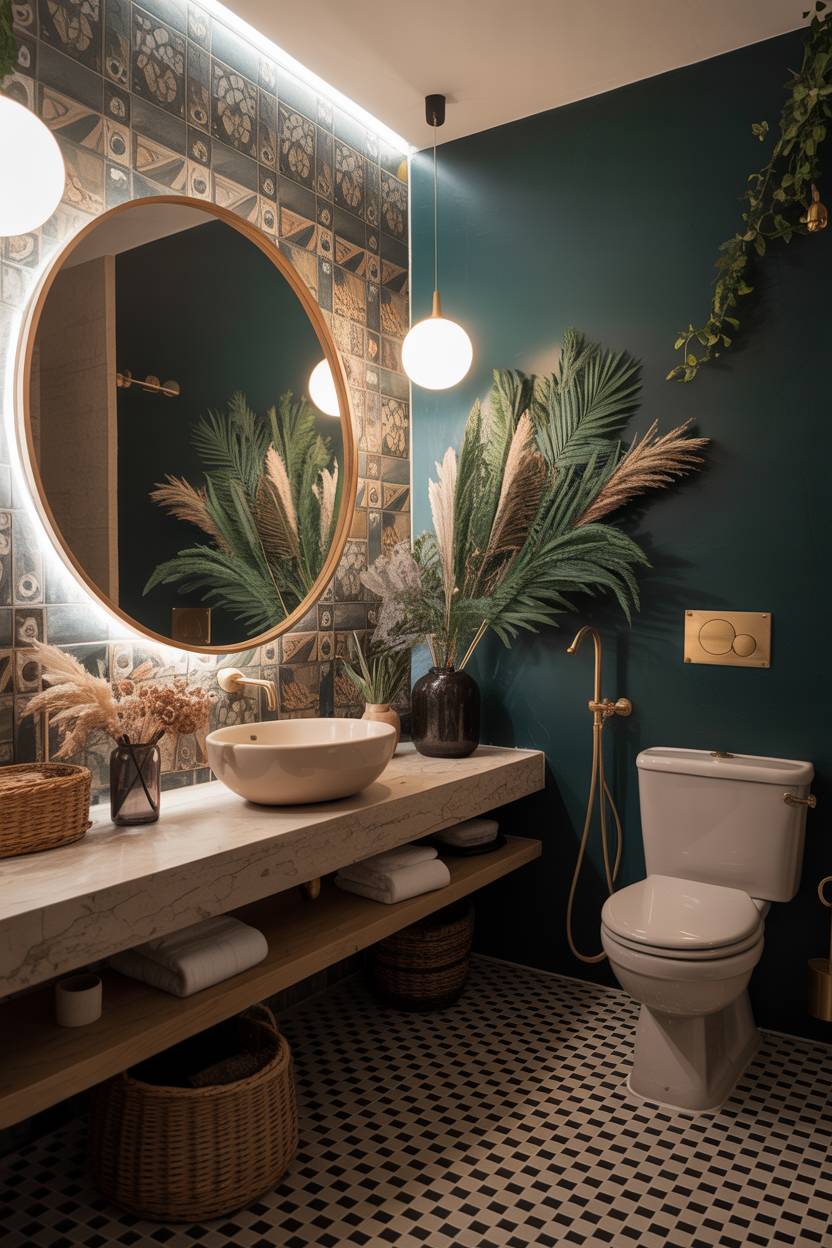 17 Dark Bathroom Ideas to Create a Cozy, Stylish Space 10 Luxurious bathroom with dark teal accent wall, black and white checkered floor, circular gold-framed mirror, and decorative elements