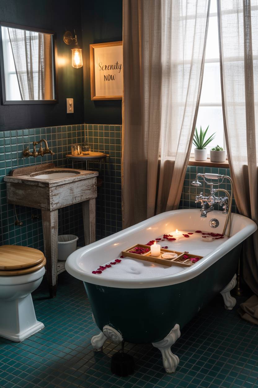 17 Dark Bathroom Ideas to Create a Cozy, Stylish Space 11 Boho-style dark bathroom with vintage clawfoot bathtub, rose petals, dark teal tiles, and weathered wooden sink