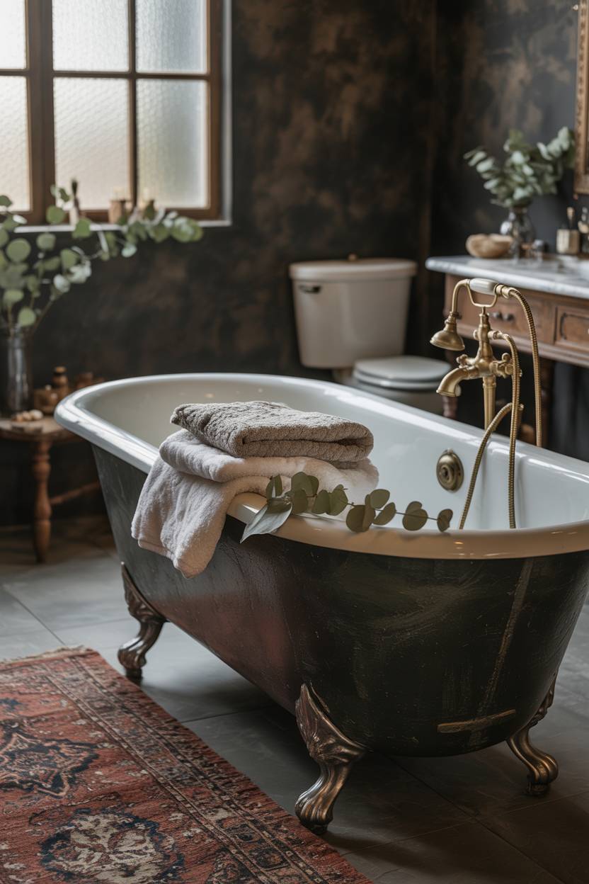 17 Dark Bathroom Ideas to Create a Cozy, Stylish Space 12 Cozy bohemian bathroom with dark charcoal clawfoot bathtub, ivory towels, patterned Moroccan rug, and antique vanity