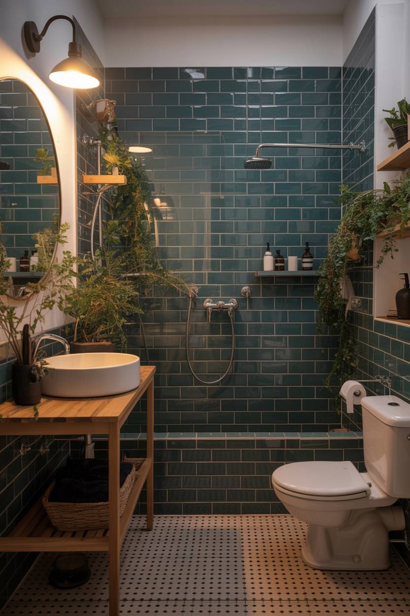 17 Dark Bathroom Ideas to Create a Cozy, Stylish Space 13 Modern bathroom with deep teal subway tiles, black and white mosaic floor, wooden vanity, and trailing plants