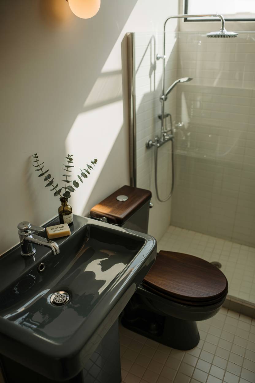 17 Dark Bathroom Ideas to Create a Cozy, Stylish Space 14 Minimalist Scandinavian bathroom with dark grey pedestal sink, eucalyptus sprig, dark wood toilet, and frosted glass shower
