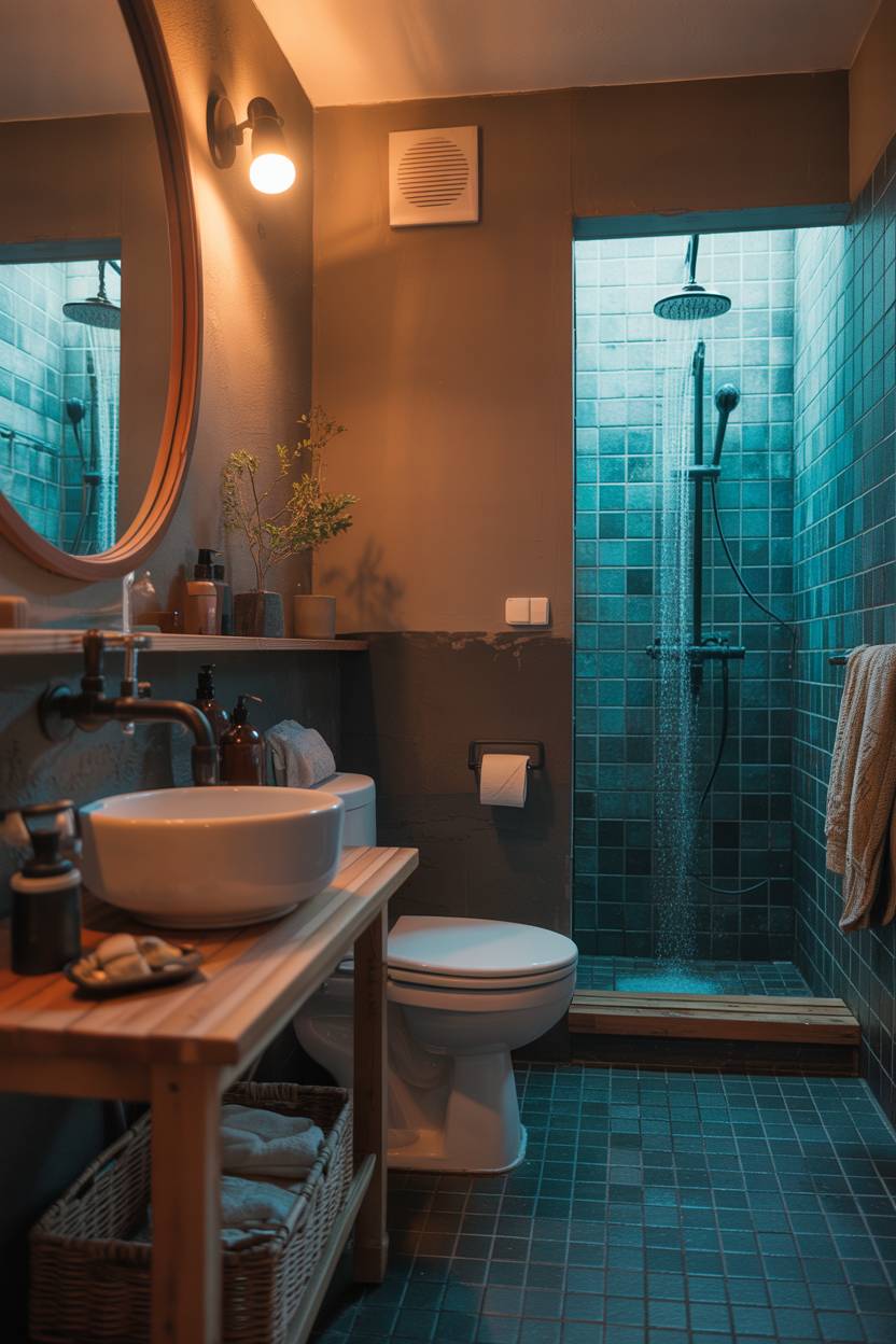 17 Dark Bathroom Ideas to Create a Cozy, Stylish Space 15 Moody bathroom with turquoise blue tiles, wooden vanity with white oval sink, walk-in shower, and warm lighting