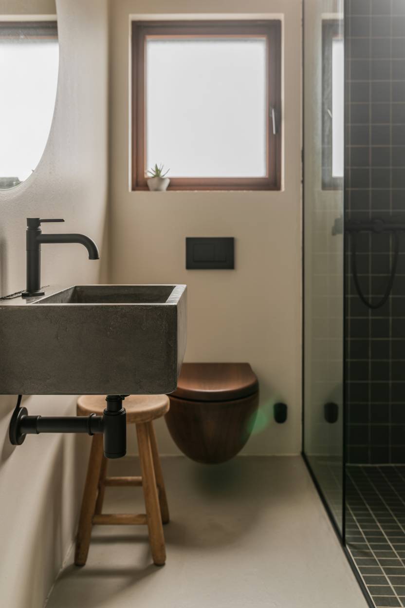 17 Dark Bathroom Ideas to Create a Cozy, Stylish Space 16 Japandi-style bathroom with dark grey concrete sink, matte black faucet, wooden stool, and dark grey tiled shower