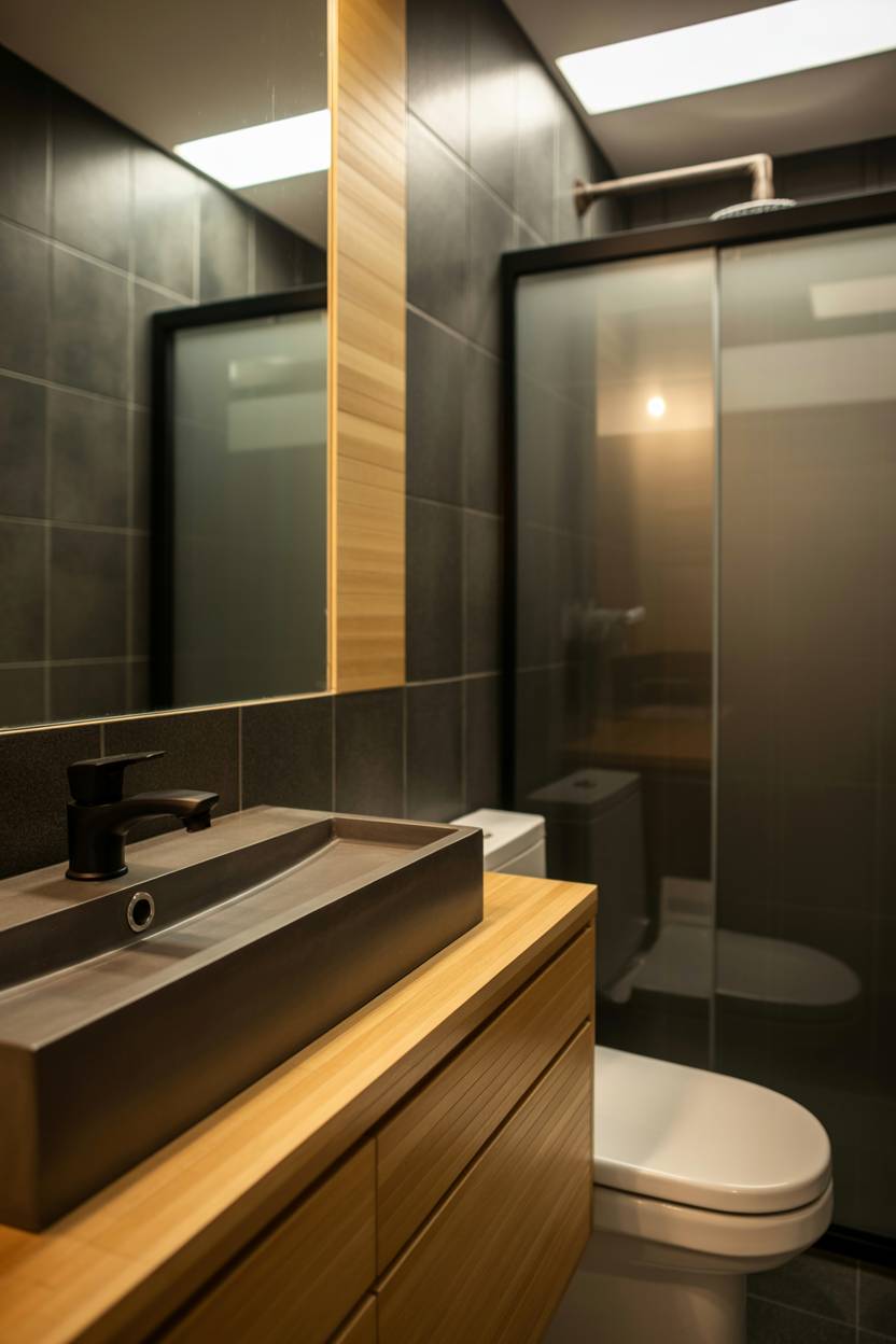 17 Dark Bathroom Ideas to Create a Cozy, Stylish Space 17 Minimalist bathroom with dark gray concrete sink, light bamboo vanity, gray tile walls, and warm wood accent strip