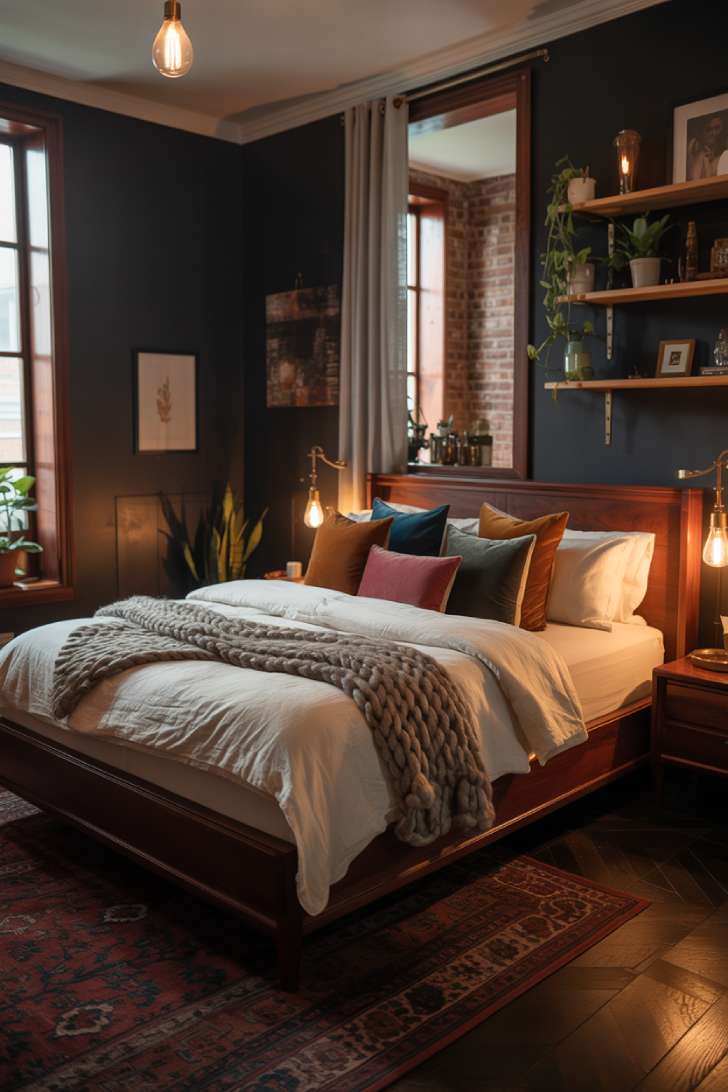 Cozy dark bedroom with charcoal walls, mahogany furniture, and warm brass lighting
