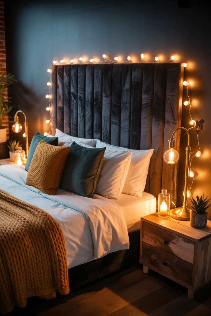 Dark cozy bedroom with Edison bulb string lights and rustic wooden nightstands