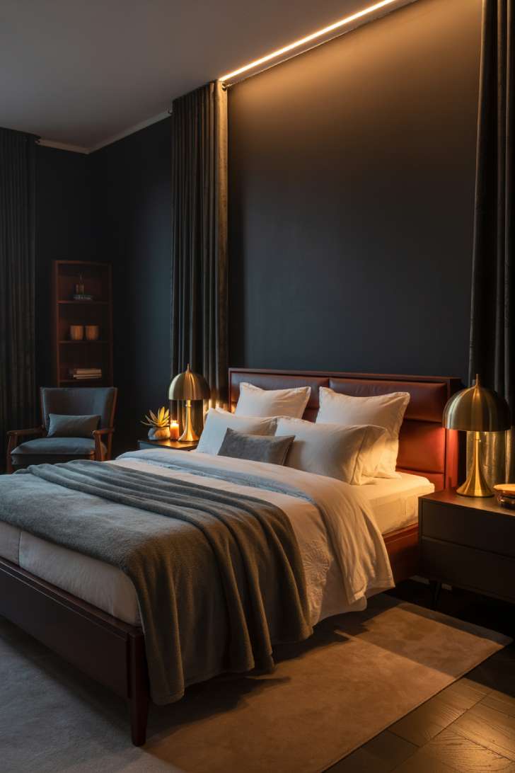 Modern minimalist bedroom with charcoal walls and ivory linens creating contrast