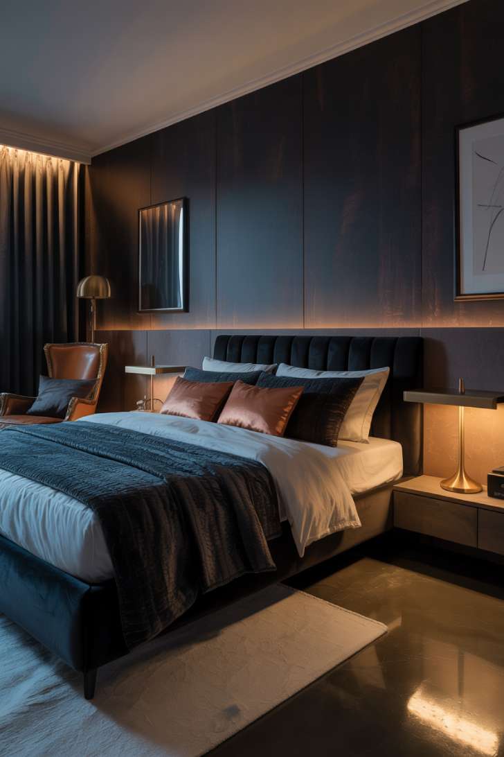 Luxurious dark bedroom with navy bedding and copper-toned throw pillows