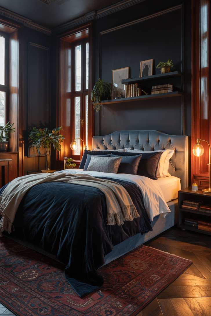 Dark bedroom with tufted gray headboard and vintage Persian rug