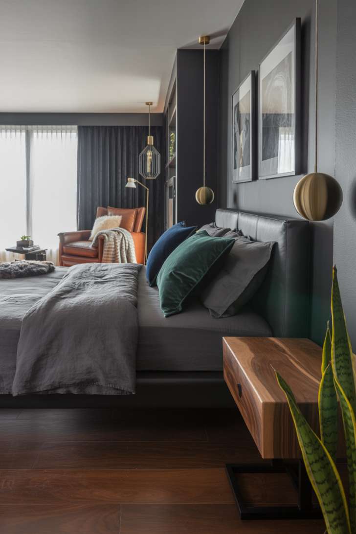 Modern bedroom with sleek black platform bed and emerald throw pillows