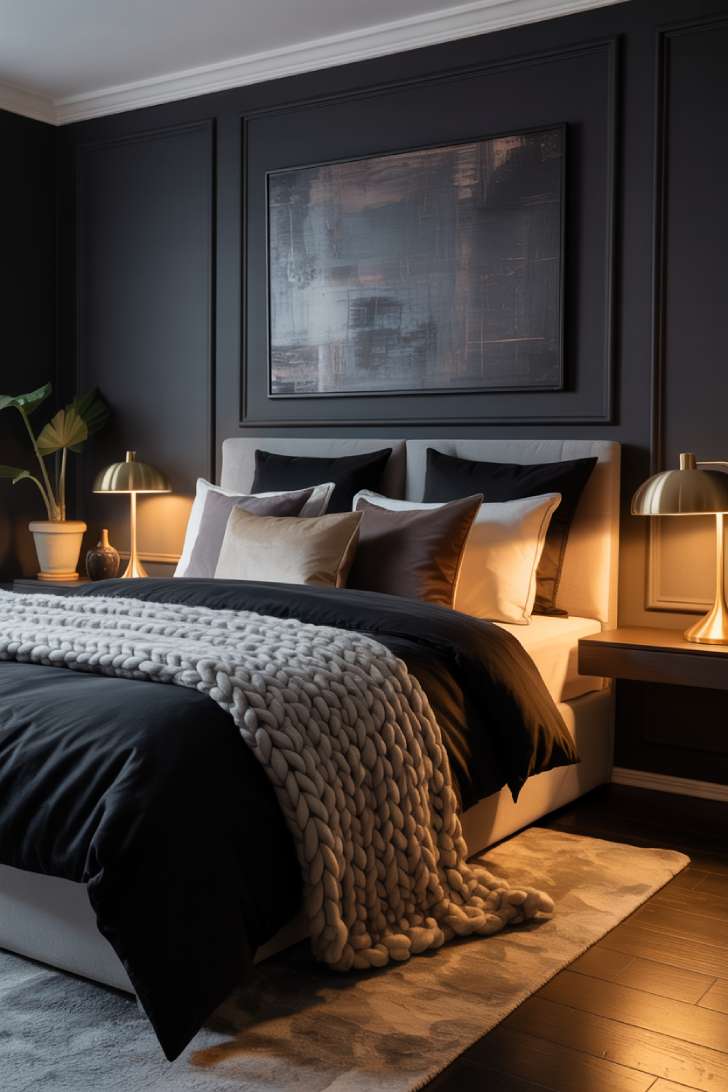 Stylish bedroom with large abstract painting above black bedded headboard