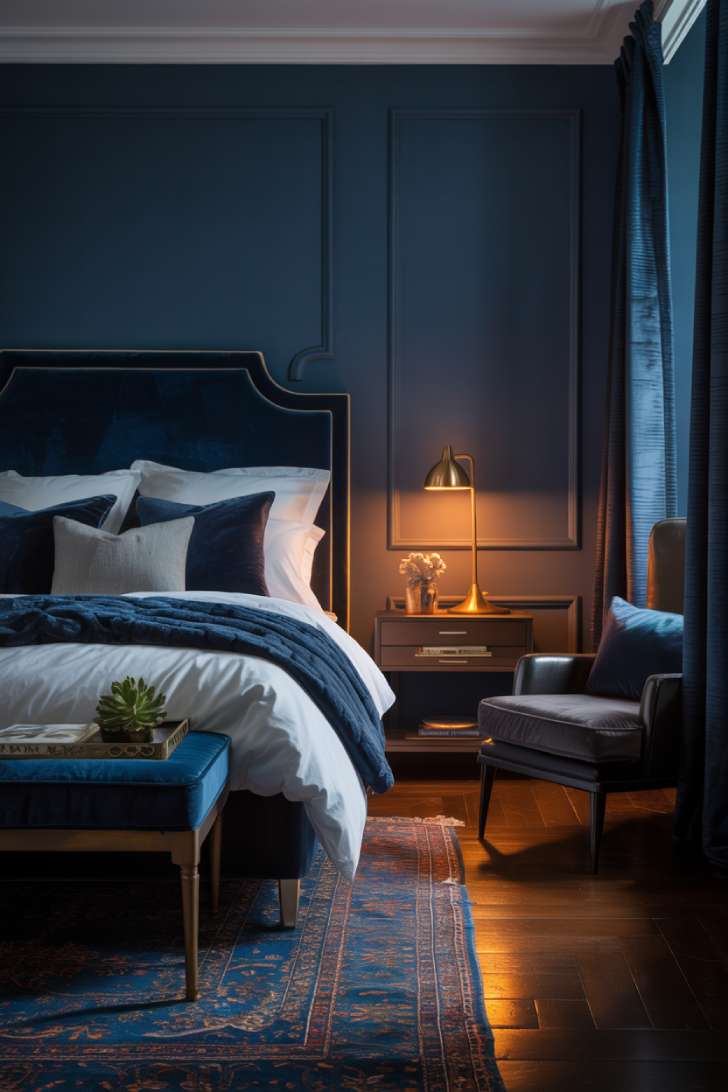 Bedroom with deep navy walls and sapphire velvet headboard