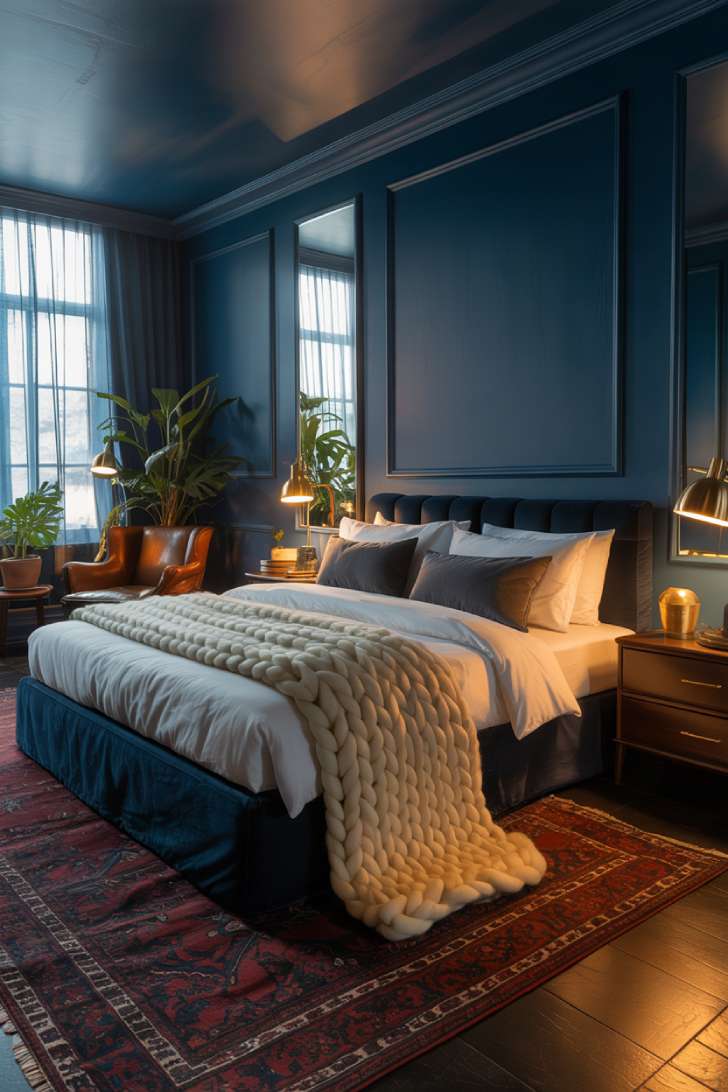 Dark blue bedroom with crisp white linens and cream cashmere throw
