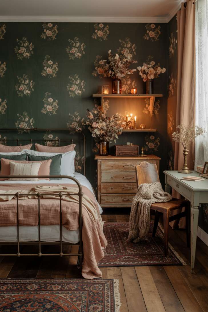 Cottagecore bedroom with dark forest green walls and vintage floral wallpaper