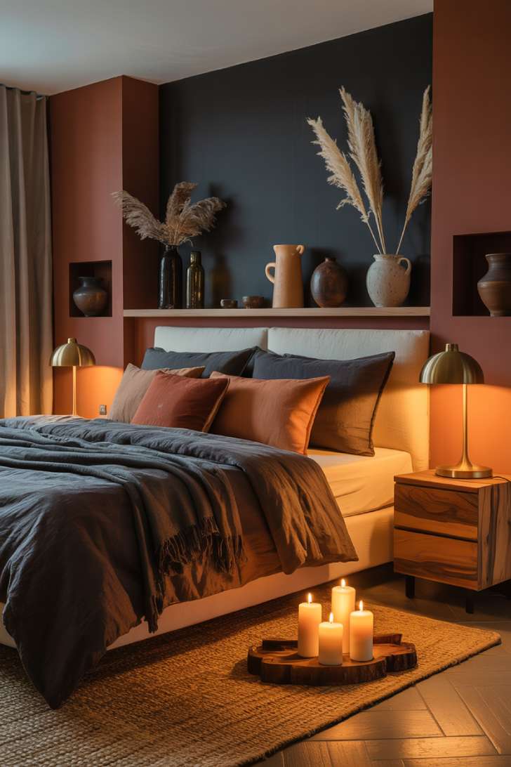 Luxurious bedroom with black accent wall and terracotta throw pillows
