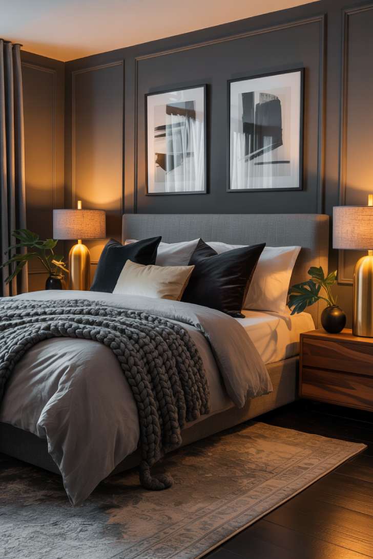 Cozy bedroom with charcoal grey walls and layered grey linens