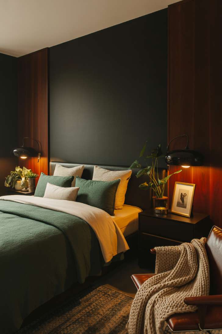 Dark bedroom with cream and forest green linens on mahogany furniture