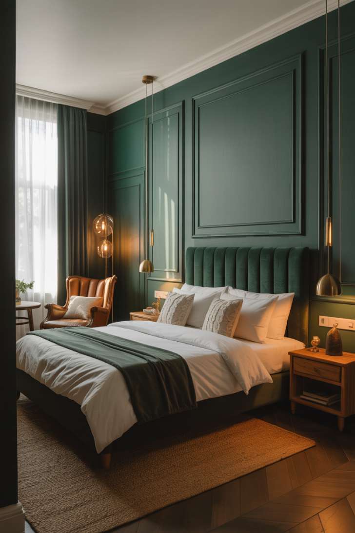Luxurious bedroom with emerald green velvet headboard and brass fixtures