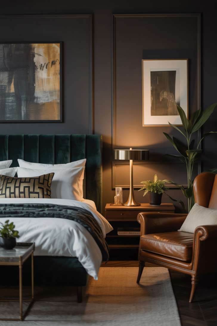 Dark bedroom with emerald velvet headboard and geometric throw pillows