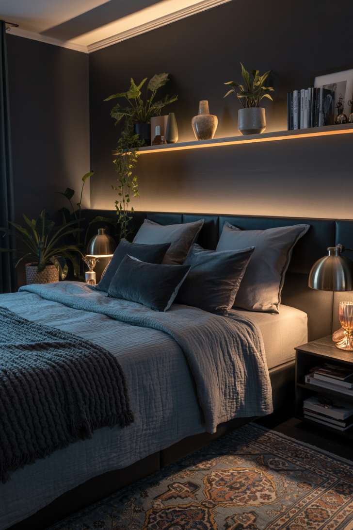Stylish bedroom with sleek black leather headboard and navy bedding