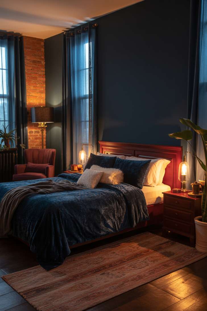 Dark bedroom with midnight blue bedding and burgundy armchair