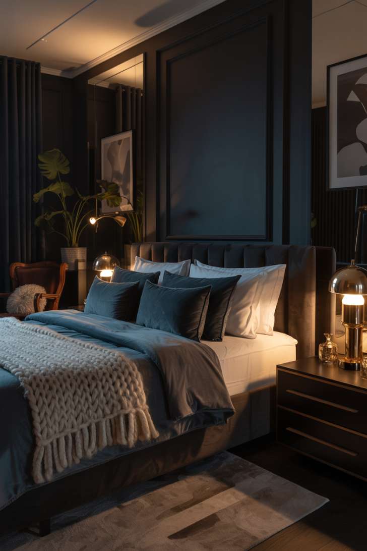 Luxurious dark bedroom with midnight blue velvet pillows and monstera plant
