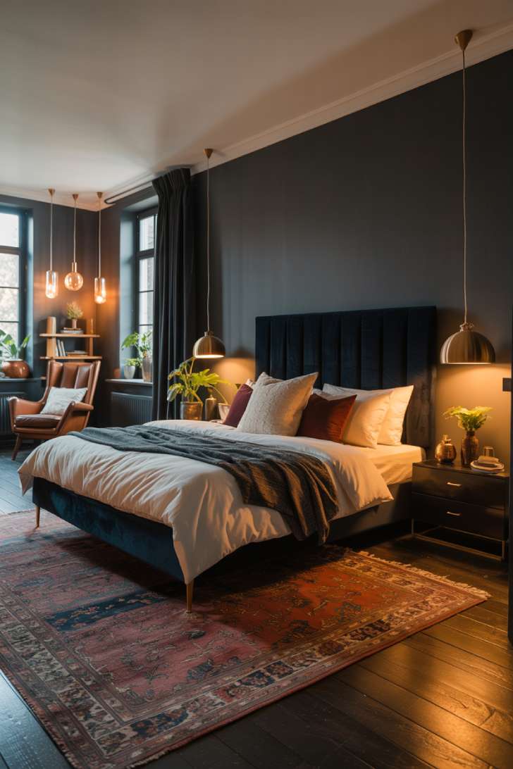 Modern bedroom with navy velvet headboard and hanging copper pendant lights