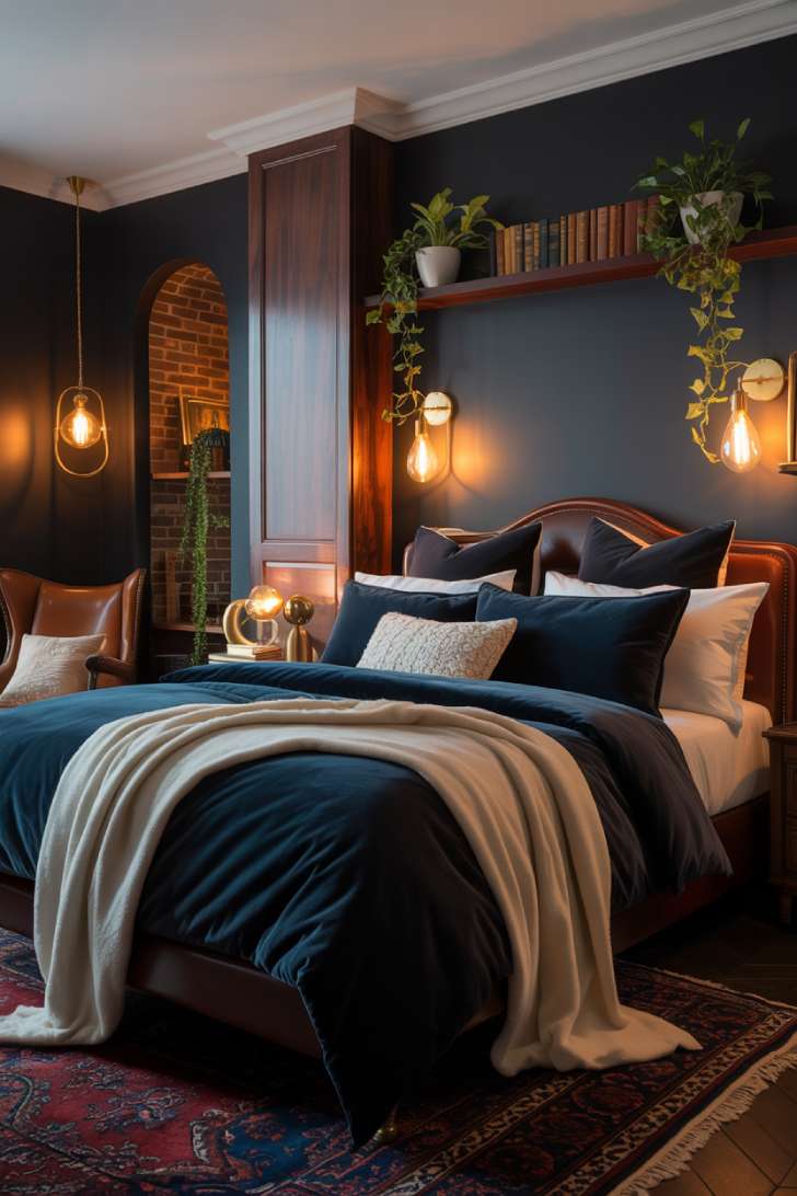 Dark bedroom with brass wall sconces and flickering glass votives
