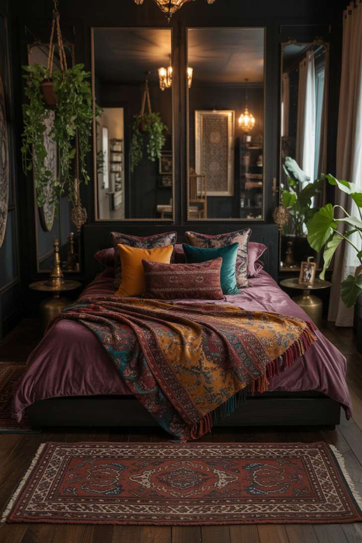 A dark bohemian bedroom featuring burgundy velvet bedding and ornate brass fixtures