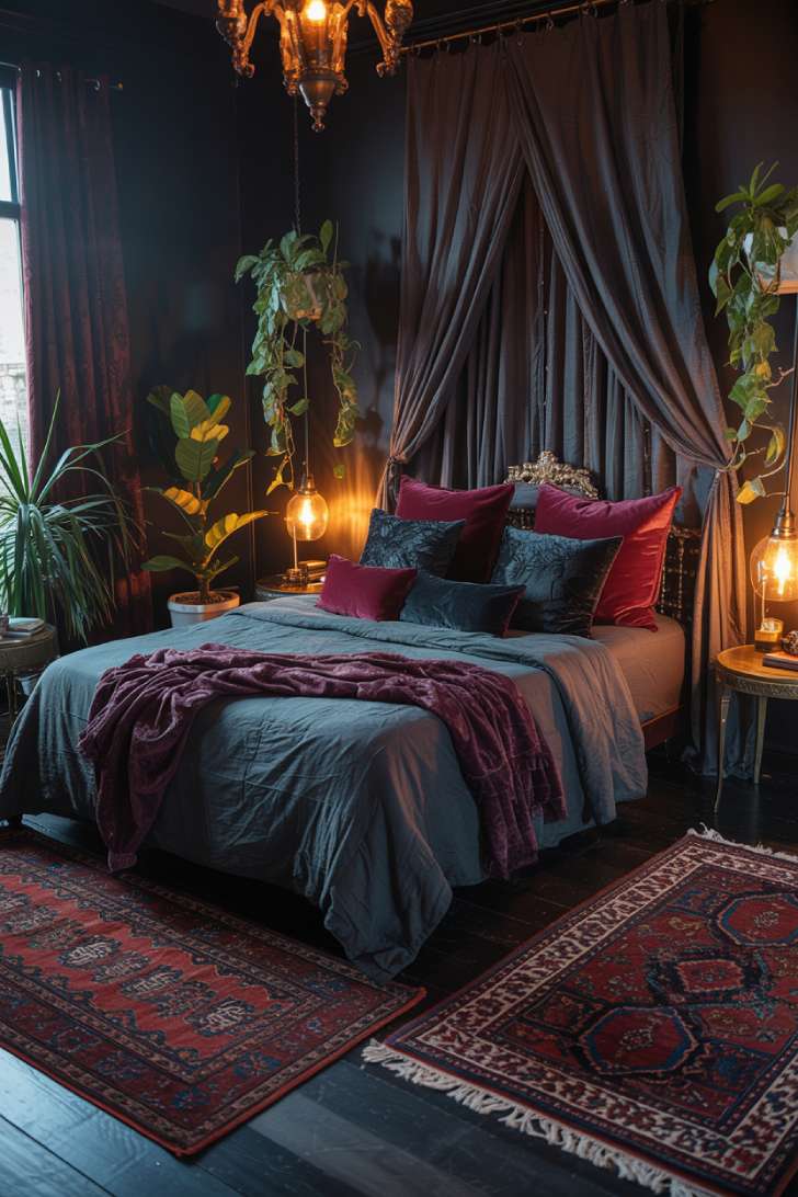 A luxurious dark bohemian bedroom with midnight blue velvet and amber lighting