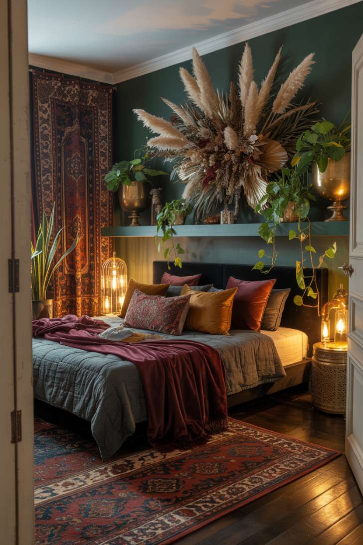A dark boho bedroom aesthetic with platform bed and forest green accent wall