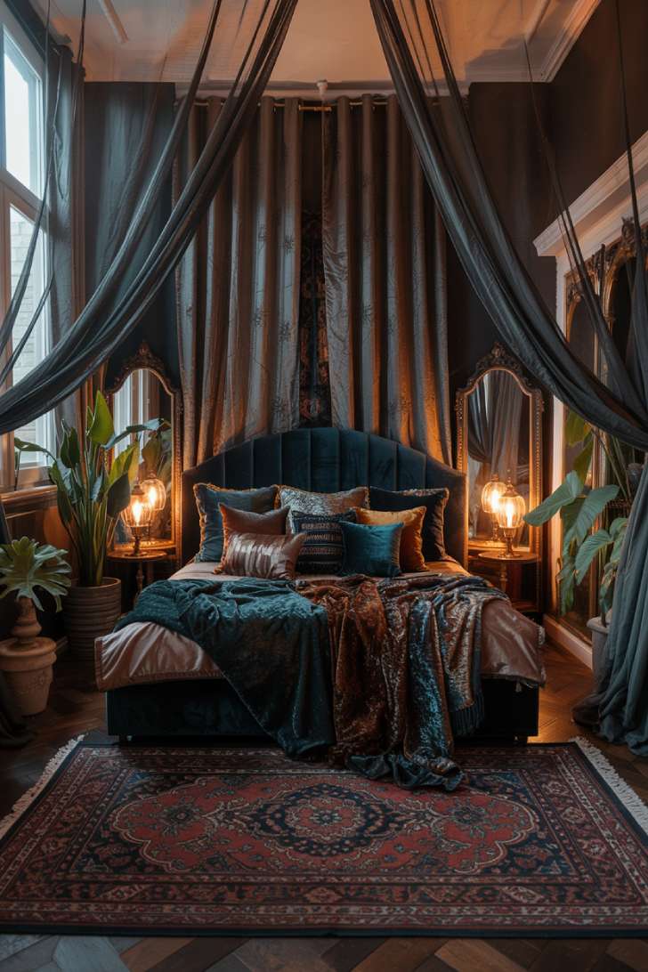 A dark bohemian bedroom with emerald velvet headboard and metallic accents