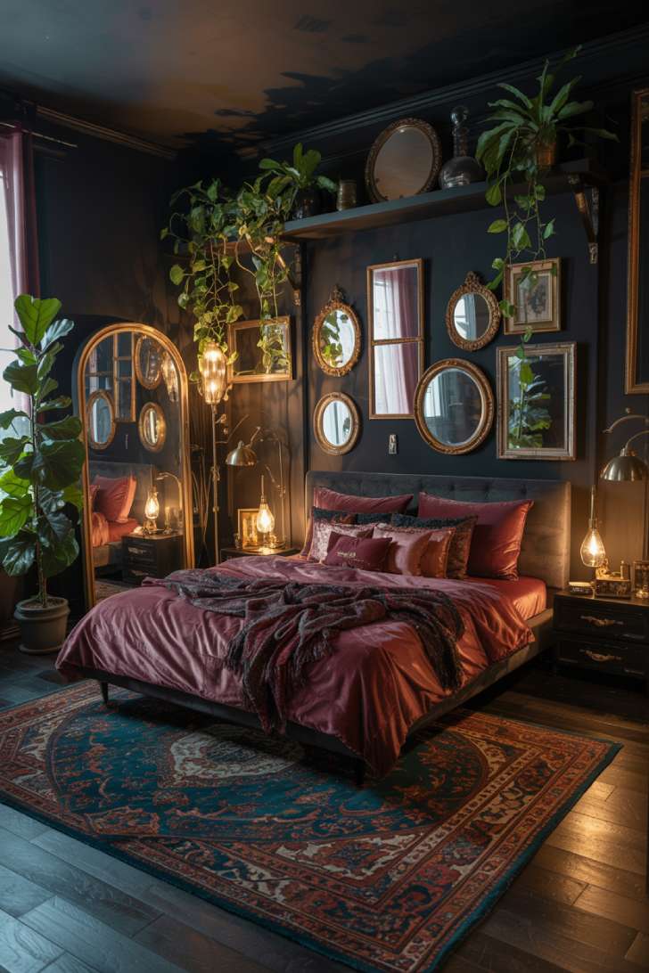 A luxurious dark bohemian bedroom featuring black walls and vintage mirror gallery