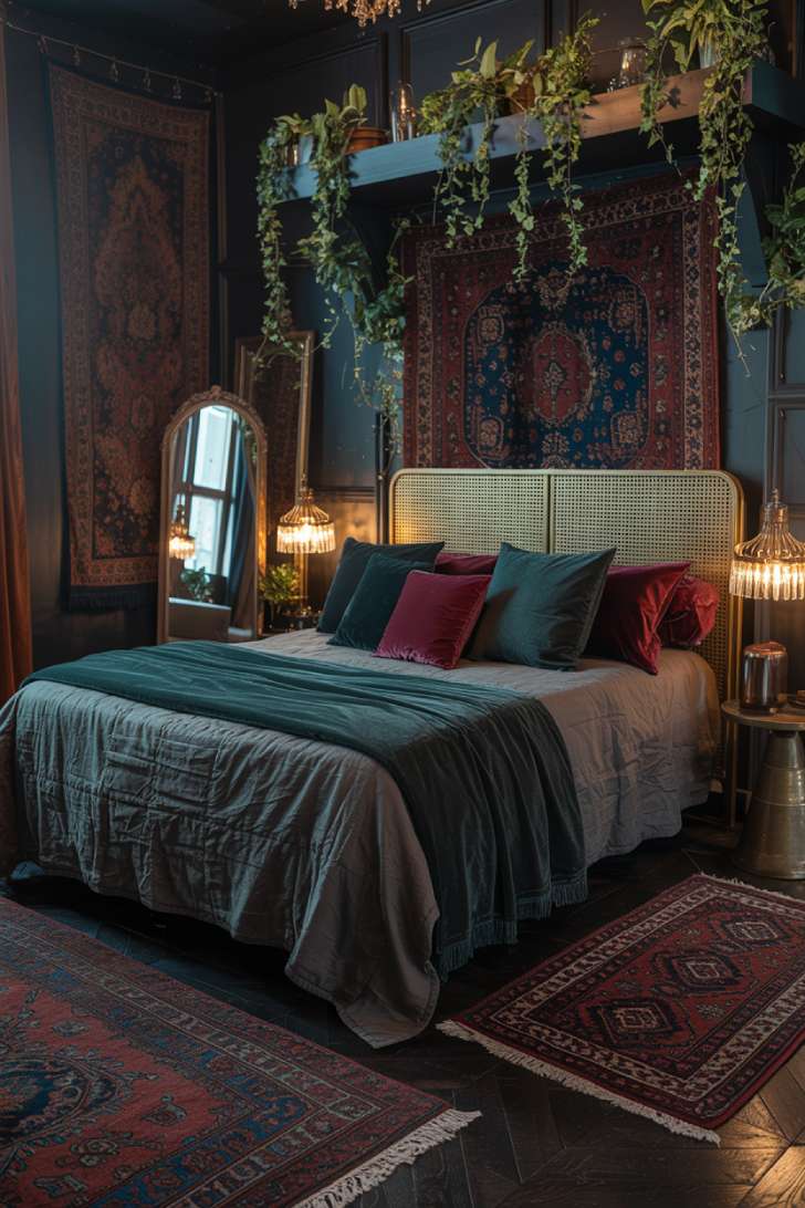 A dark bohemian decor featuring brass headboard and crystal chandelier