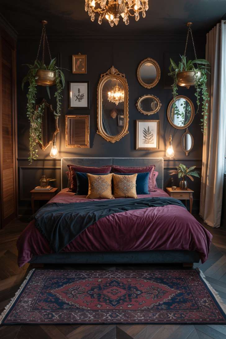 A dark bohemian bedroom with charcoal walls and eclectic gallery display