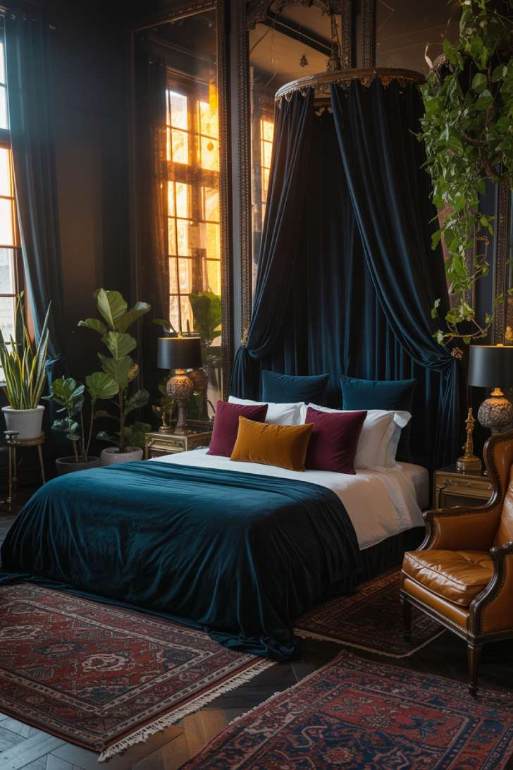 A luxurious dark bohemian bedroom featuring midnight blue canopy bed