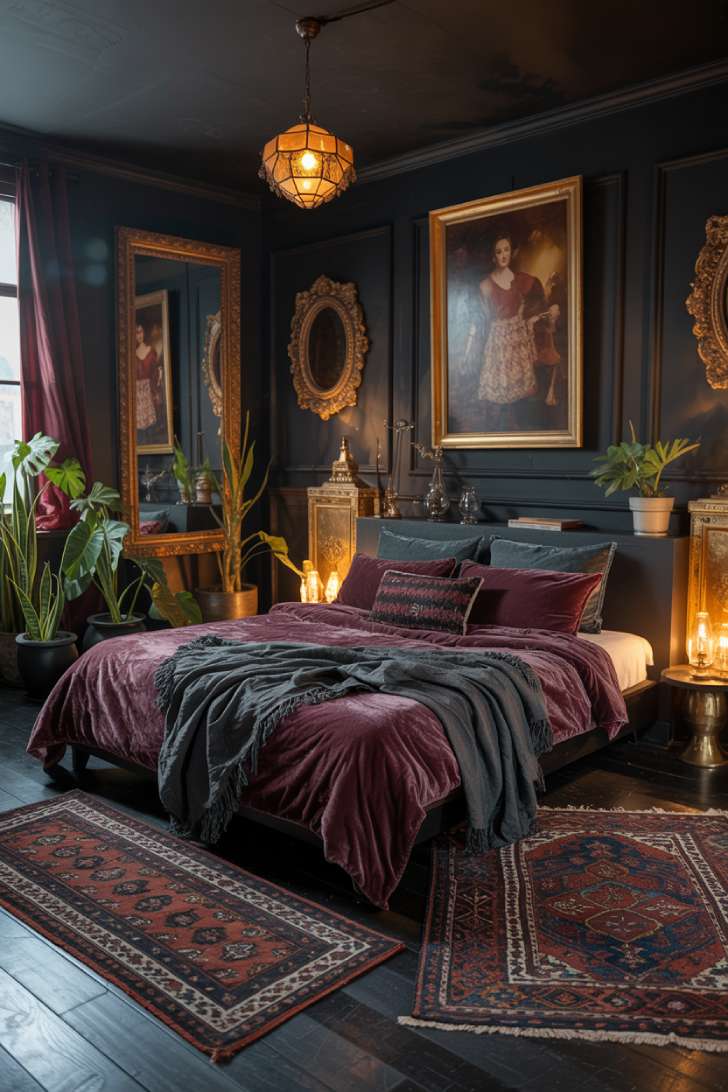 A luxuriously dark bohemian bedroom with gilded frames and monstera plants