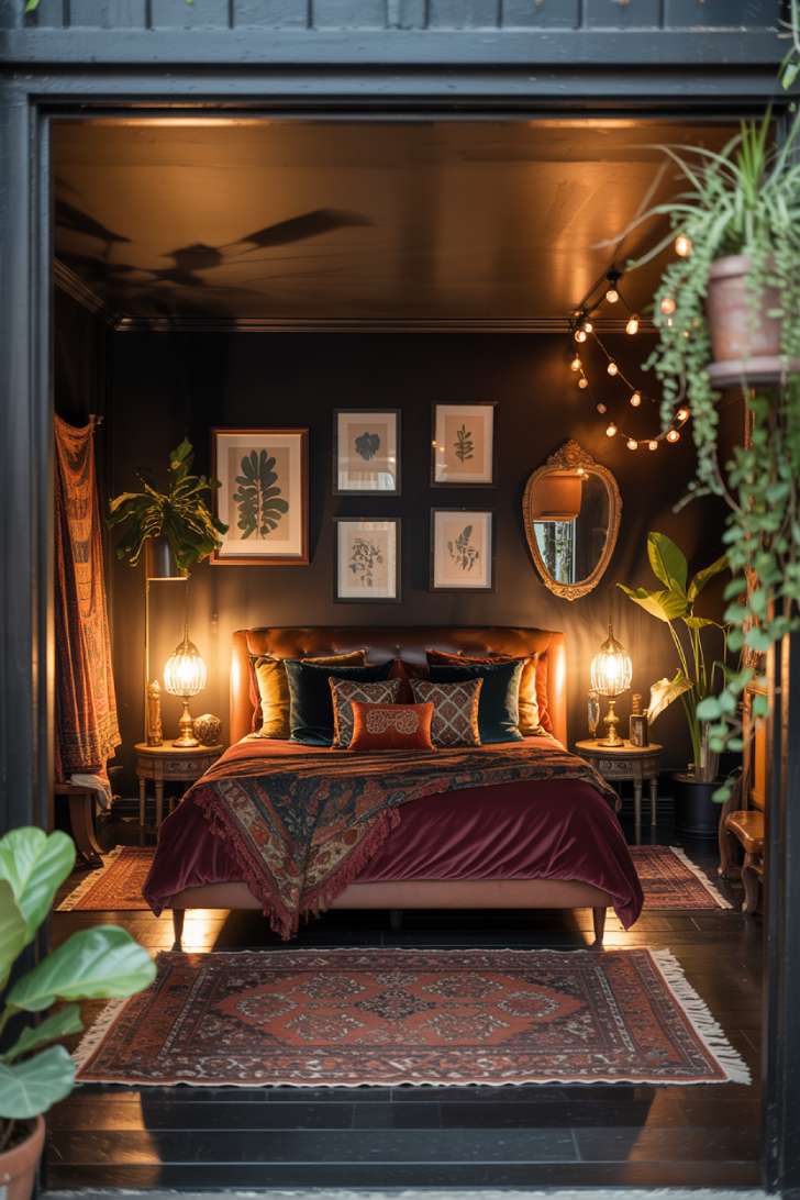 A stylish dark bohemian bedroom with terracotta throw pillows and brass lamps